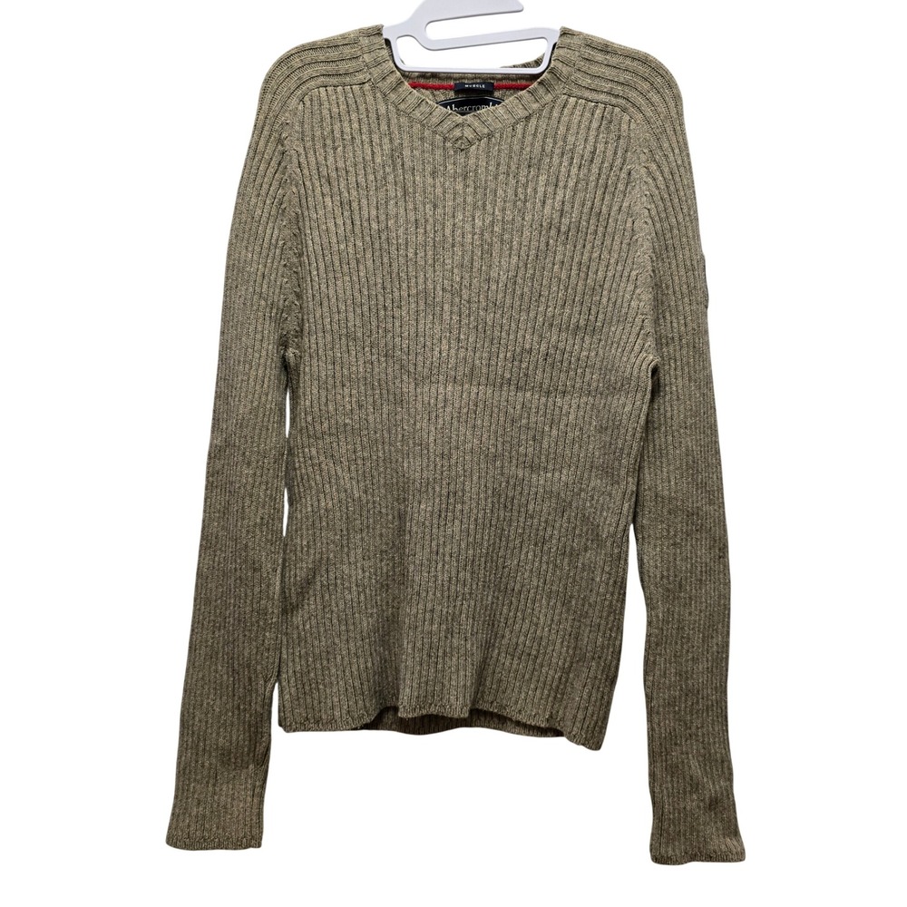 Abercrombie & Fitch Mens XL Muscle Fit Ribbed Wool Blend‎ Sweater Oatmeal Y2K